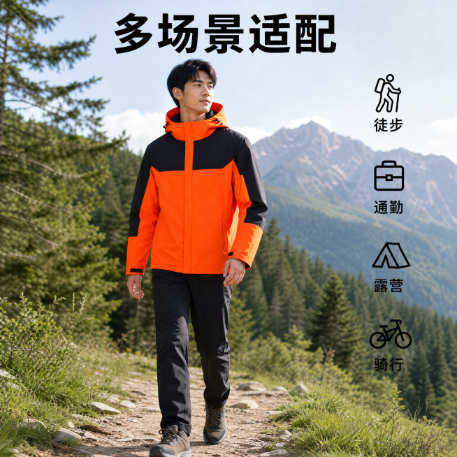 [主图-3] 多场景通用展示图，真人户外行走场景。保持产品外观（物理结构、材质质感、颜色）与输入产品图绝对一致，杜绝任何变形和色差，精细化处理。同一位亚洲男模特穿着，下装保持一致，保持模特一致性。[氛预览效果