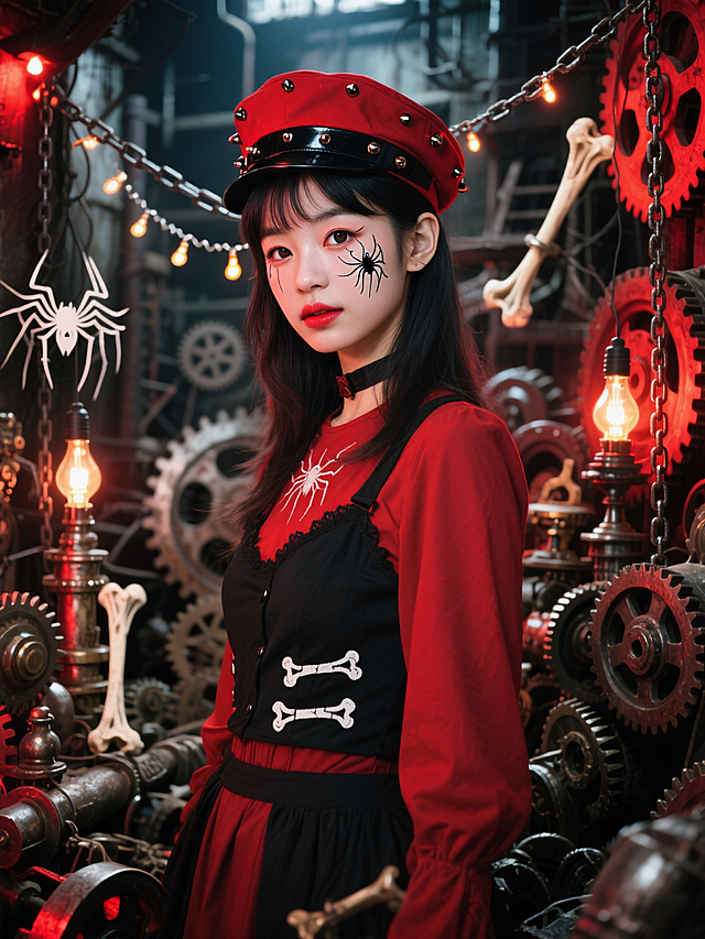 蒸汽波风与哥特元素融合，红黑配色搭配金属齿轮与链条，营造工业感十足的暗黑奇幻氛围，光影交错中透出神秘机能美学。