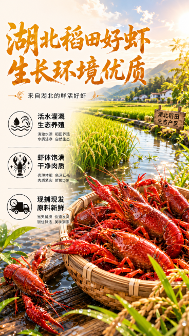 [第2屏] 湖北产地原料展示屏。
[氛围/风格] 高端商业食品摄影风格，原生态自然风，暖色调，新鲜自然，充满生机，突出原料优质感。
[元素布局] 画面左上为大标题区域，左下为卖点文字，右侧放置湖北稻田预览效果