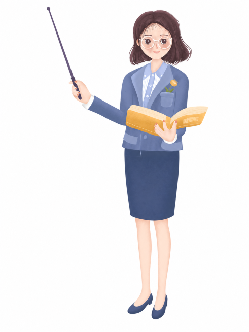 参考该插画风格，为女教师生成完整身体，保留原有的服装、教鞭、书籍和发型眼镜特征，保持整体风格一致，画面干净背景白色预览效果