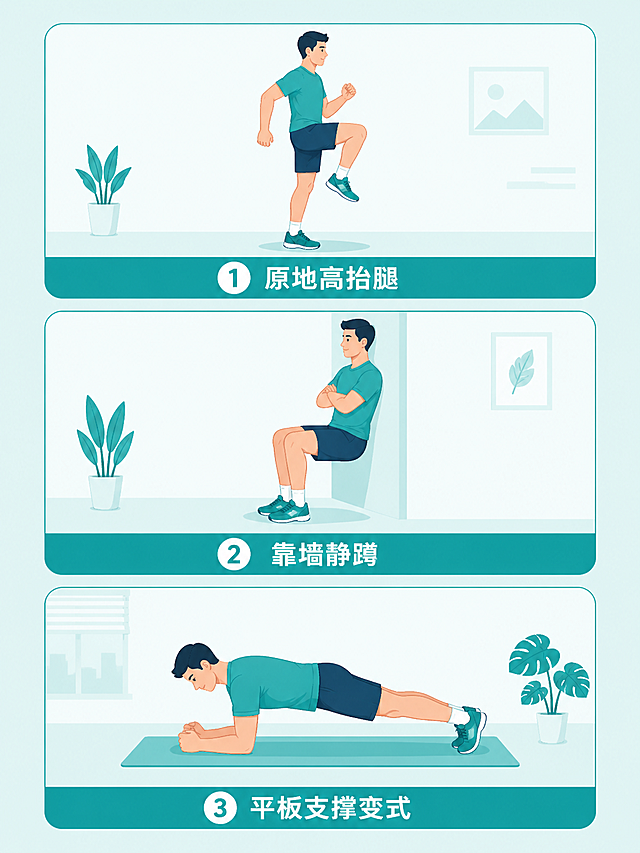 三格动作示意图，第一格是原地高抬腿（人物抬腿至腰部高度，手臂摆动），第二格是靠墙静蹲（人物背部贴墙，大腿与地面平行），第三格是平板支撑变式（人物前臂支撑，身体呈直线），每个动作下方标注动作名称，扁平插画风格，蓝绿色调，简洁现代