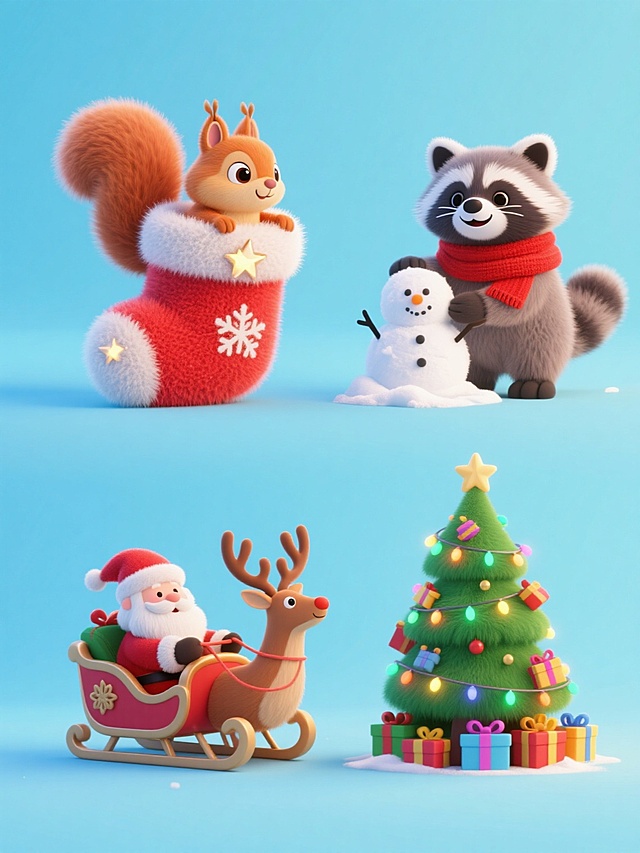 软3D风卡通场景，拟人化动物与圣诞元素结合，毛发生长质感细腻，喜庆温馨，充满趣味与可爱感，传递节日欢乐氛围。