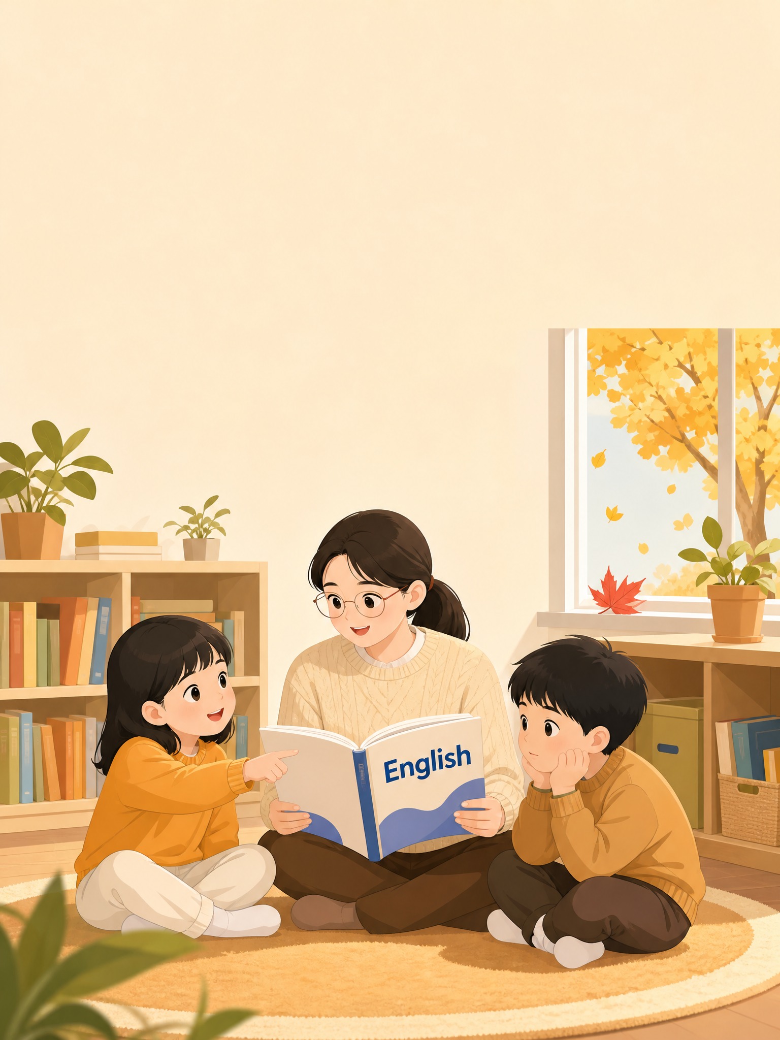 简约温暖的秋季四年级英语课本封面配图，画面中有一名年轻女老师和… - 图片创意预览