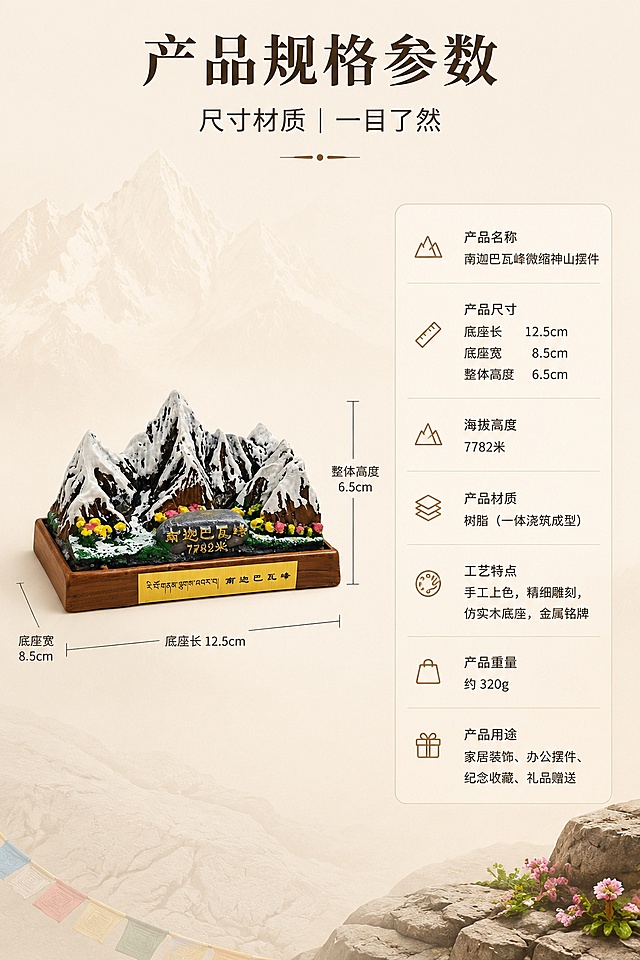 「图片1」，生成电商详情图，
第 9 屏｜参数规格 可视化详情图
主标题：产品规格参数；
副标题：尺寸材质｜一目了然；
中文生成提示词：
2:3 竖版竖屏，藏式神山治愈写实商业静物摄影风格；情绪基调：圣洁、旷野、治愈、轻奢；严格还原上传的南迦巴瓦峰微缩神山树脂摆件产品图，包括多座主峰雪山肌理、7782 米海拔石刻、藏汉双语金属底座铭牌、仿实木底座、仿真格桑花草植被等全部外观细节；产品底座长 12.5cm × 宽 8.5cm，整体高度 6.5cm，尺寸比例 1:1 还原；产品复杂结构判定：false；【本屏卖点】展示重点：产品实物搭配可视化尺寸参数表格；突出卖点：完整透明规格参数，给用户清晰选购参考；痛点场景：商品参数模糊缺失，买家无法判断摆放适配尺寸；产品出现：是，产品 45° 侧视放置画面左侧；图中图元素：白色尺寸标注线条、圆角参数表格；【构图】产品占比 40%，左图右表分栏纵向竖式构图，边缘留白不低于 20%；信息布局：画面顶部主副标题区域 + 画面右侧分栏参数表格文字 + 底部简约装饰线条；尺码表：null；氛围营造：极简干净纯色底，弱化暗纹保证表格文字清晰可读；【色彩】背景色：浅米卡其色 (#F5F0E6)，适配藏系户外文旅调性，低饱和底色柔和衬托摆件主体不抢视觉；主色调：岩石深棕 (#5D4037)、雪山哑光白 (#F8F9FA)，直接取自产品本体实景原色；辅助色：高山花草彩粉 (#FBC02D/#FF6B6B/#388E3C)、木底座棕 (#8B5A2B)，用于板块分割、标签文字强调；点缀色：日照鎏金 (#FFD700)，仅用于铭牌描边、小图标提亮，禁止大面积铺色；背景元素：低透明度朦胧南迦巴瓦主峰剪影、浅淡山石暗纹、柔和渐变纯色底；【字体】标题：思源宋体 Heavy（免费商用国风字体，匹配藏地文创调性）；正文：思源黑体 Regular（高可读性无衬线字体，与标题风格统一）；字号层级：主标题：副标题：正文 = 3:1.8:1；【光影摄影】光线：柔和自然侧漫射光，均匀打亮山体凸显树脂肌理与分层上色层次；景深：f/2.2 浅景深，虚化背景环境突出摆件主体；相机参数：f/2.2，1/125s，ISO100；光影特效：自然哑光树脂质感、山体柔和立体阴影、鎏金款局部金属光泽；装饰元素：雪山主峰轮廓、极简藏式经幡、岩石褶皱、格桑小花；图标风格：2px 圆角简约线性户外图标；4K 高清，专业产品商业广告级，超写实照片质感，全页面视觉风格统一无割裂感
负面提示词：参数文字模糊看不清，表格排版拥挤混乱，尺寸标注数值错误，画面整体拥挤，配色杂乱干扰阅读
第 10 屏｜品牌背书 收尾促单页面
主标题：藏地神山纪念甄选；
副标题：手工微缩 送礼收藏皆宜；
中文生成提示词：
2:3 竖版竖屏，藏式神山治愈写实商业静物摄影风格；情绪基调：圣洁、旷野、治愈、轻奢；严格还原上传的南迦巴瓦峰微缩神山树脂摆件产品图，包括多座主峰雪山肌理、7782 米海拔石刻、藏汉双语金属底座铭牌、仿实木底座、仿真格桑花草植被等全部外观细节；产品底座长 12.5cm × 宽 8.5cm，整体高度 6.5cm，尺寸比例 1:1 还原；产品复杂结构判定：false；【本屏卖点】展示重点：产品全景氛围感收尾展示；突出卖点：藏地地标祈福摆件，送礼、车载、造景多用途；痛点场景：N/A；产品出现：是，45° 全景黄金分割居中完整展示；图中图元素：品质保障线性图标、放心选购标识；【构图】产品占比 50%，居中全景氛围感纵向竖式构图，边缘留白不低于 20%；信息布局：画面顶部主副标题区域 + 画面底部促单宣传短句 + 双侧藏式花纹装饰；尺码表：null；氛围营造：低透明度朦胧南迦巴瓦主峰剪影，柔和朝圣氛围感烘托下单欲望；【色彩】背景色：浅米卡其色 (#F5F0E6)，适配藏系户外文旅调性，低饱和底色柔和衬托摆件主体不抢视觉；主色调：岩石深棕 (#5D4037)、雪山哑光白 (#F8F9FA)，直接取自产品本体实景原色；辅助色：高山花草彩粉 (#FBC02D/#FF6B6B/#388E3C)、木底座棕 (#8B5A2B)，用于板块分割、标签文字强调；点缀色：日照鎏金 (#FFD700)，仅用于铭牌描边、小图标提亮，禁止大面积铺色；背景元素：低透明度朦胧南迦巴瓦主峰剪影、浅淡山石暗纹、柔和渐变纯色底；【字体】标题：思源宋体 Heavy（免费商用国风字体，匹配藏地文创调性）；正文：思源黑体 Regular（高可读性无衬线字体，与标题风格统一）；字号层级：主标题：副标题：正文 = 3:1.8:1；【光影摄影】光线：柔和自然侧漫射光，均匀打亮山体凸显树脂肌理与分层上色层次；景深：f/2.2 浅景深，虚化背景环境突出摆件主体；相机参数：f/2.2，1/125s，ISO100；光影特效：自然哑光树脂质感、山体柔和立体阴影、鎏金款局部金属光泽；装饰元素：雪山主峰轮廓、极简藏式经幡、岩石褶皱、格桑小花；图标风格：2px 圆角简约线性户外图标；4K 高清，专业产品商业广告级，超写实照片质感，全页面视觉风格统一无割裂感
负面提示词：画面氛围廉价低档，文字排版杂乱拥挤，摆件边缘虚化丢失细节，多余水印遮挡产品，构图失衡留白不足，适配淘宝/天猫平台，详情图比例为2:3