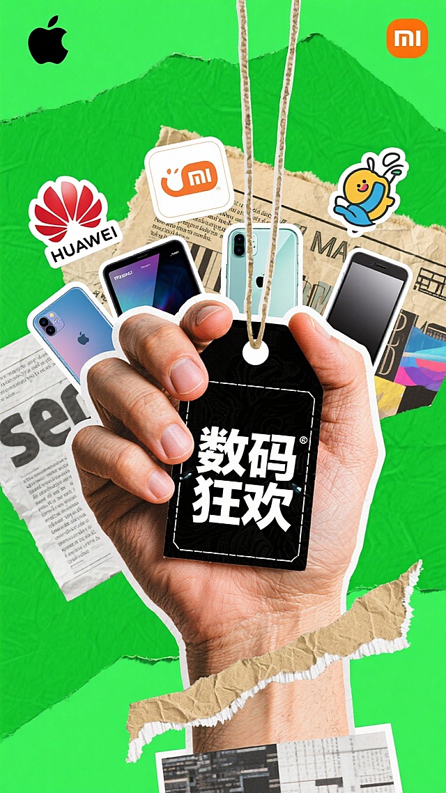 撕纸拼贴风融合科技元素，手握“数码狂欢”标签，多品牌手机环绕，波普艺术色彩碰撞，营造强烈促销感与潮流氛围。