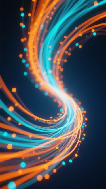 深蓝色背景上，无数明亮的橙色和青色光纤线条以流畅的曲线从画面左下角向右上角延伸，形成动感十足的漩涡状光流，光纤线条末端点缀着细小的橙色和青色光点，整体呈现出科技感十足的未来主义风格，光影对比强烈，光效细腻，营造出神秘而充满活力的氛围。预览效果