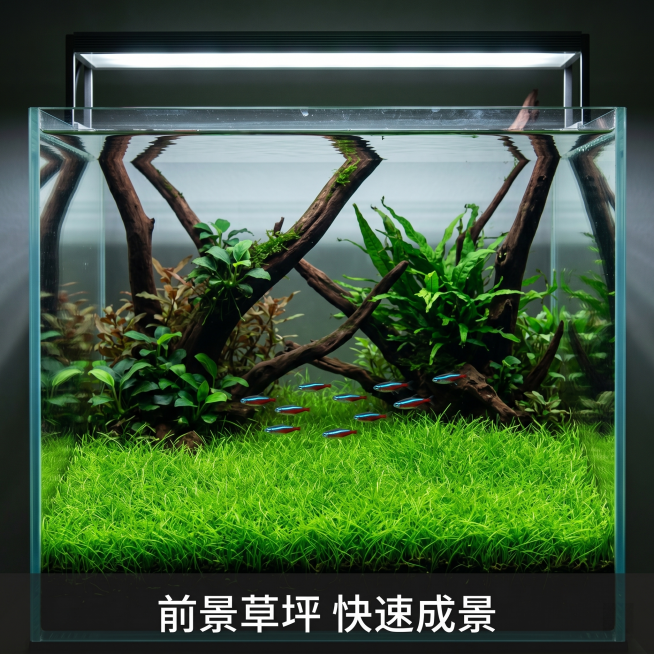 [主图 4]挖耳草造景效果展示，鱼缸整体造景应用。
[氛围风格]自然真实水族氛围，暗黑自然风格；
[画质]商业摄影质感、光线柔和通透、产品清晰真实、画面干净高级。
[元素]成品鱼缸造景，草坪状挖耳草铺预览效果