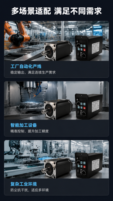 [第7屏] 多环境场景适配展示。
[氛围/风格] 真实场景拼贴，专业工业风格，场景丰富真实。
[元素布局] 顶部大标题，下方排列三个典型应用场景卡片，每个场景占画面约三分之一，每个场景放入本产品（使用预览效果