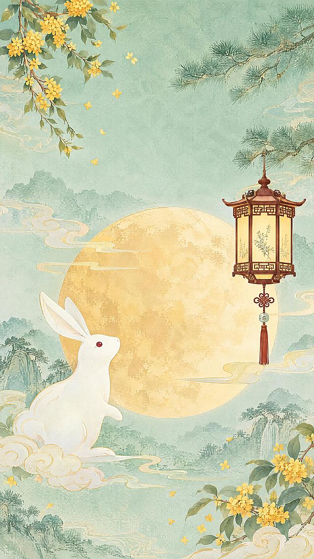 参考图1的中式古风直播间风格，将图2的底板重新设计：保留玉兔、月亮、灯笼、桂花的整体构图和造型轮廓，将整体色调改为与图1一致的淡绿色与暖黄色中秋国风配色，背景采用淡青绿色渐变底，带有细腻的宣纸纹理质感，月亮改为温润的淡金暖黄色，玉兔为米白色，灯笼改为中式古风宫灯样式（红棕色木框+米黄灯罩），桂花为金黄色，边缘装饰融入祥云、松枝等中式元素，整体风格素雅清新，国风工笔画质感，与图1直播间色调完全统一，不包含任何文字，画面干净精致