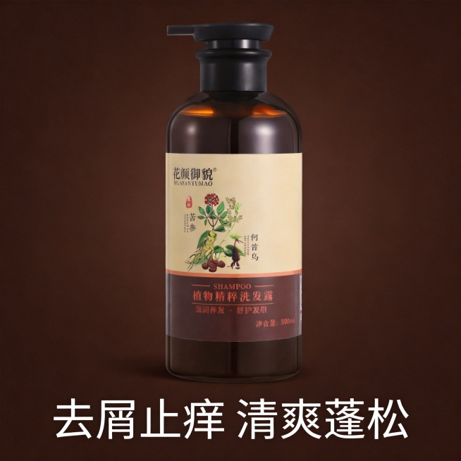 「图片1」，生成电商主图（10张），商品名称是植物精粹洗发露，卖点是内含何首乌、苦参、山茶籽萃取精华，去屑止痒，清爽蓬松，适配拼多多平台，主图比例为1:1像素要求1440*1440，以棕色背景为主，要预览效果