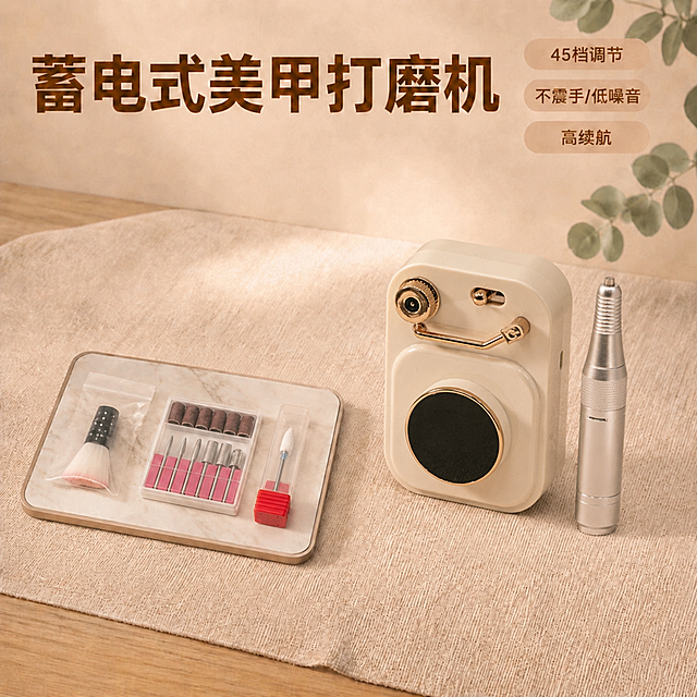 将第二张图中的燕麦白色美甲打磨机主机（圆角矩形，顶部带金色铜色旋钮（黑色中心）、金色拨杆开关、金色装饰条，正面黑色圆形显示区域带金色边框）和右侧银色金属磨砂手柄（带防滑纹路）合成到第一张图片右侧的米色桌布区域，位置居中偏右；主机高度占画面高度35-45%，整体宽度占画面宽度25-30%，产品底部与米色桌布自然接触，添加不透明度20-30%的右下方向轻微接触阴影增强立体感；调整产品色温+12偏暖，降低对比度8，匹配原图暖色调柔和光影；保留原图左侧大理石板上的三个配件、所有文字标签、右上角绿叶装饰、左上角木纹边缘、米色桌布背景和整体暖色调光影完全不变；整体与背景光影和谐统一。