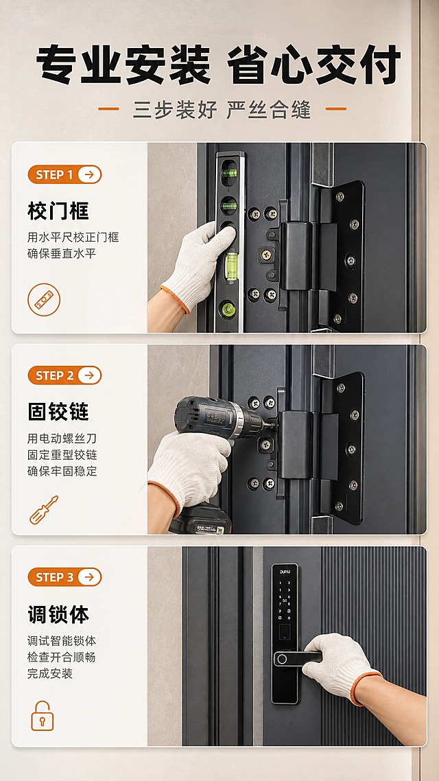 [商品] 使用【图34】重型明装铰链特写图为主，配合【图33】门体；保留铰链黑色涂层、粗壮轴心、多颗十字螺丝、门扇门框安装位与密封条；手部与工具为安装演示辅助，不得遮挡铰链关键结构。
[画面] 目标演示安装流程；三段式STEP1-3卡片横向排列：STEP1水平尺校正门框、STEP2电动螺丝刀固定重型铰链、STEP3调试智能锁体闭合；主体为带手套的施工手部+工具动作近景，门框局部与铰链清晰可见，产品占画面55%，背景为浅暖灰半装修墙面。
[视觉] 套系策略：风格=现代高端家居商业摄影；标题字=现代无衬线粗体；正文字=简洁现代无衬线体；主色=深炭灰；背景延展=暖白至浅暖灰细腻渐变、哑光墙面质感；强调色=暖橙色，仅用于小面积图标、引线、标签和局部光效；标题色=深炭黑；正文色=中暖灰；组件=圆角浅色信息卡、细线引线、圆角小图标；光影=右前侧暖柔光、室内自然光。STEP编号与箭头用暖橙色。
[文字] 主标题“专业安装 省心交付”，副标题“三步装好 严丝合缝”，三步短标签“校门框”“固铰链”“调锁体”，全部横向，不遮挡铰链与螺丝。
[规格] 9:16竖版，4K画质，避免手部变形、铰链颜色改变、错字、竖排文字、冷蓝背景、电商平台Logo/水印、绝对化用语。