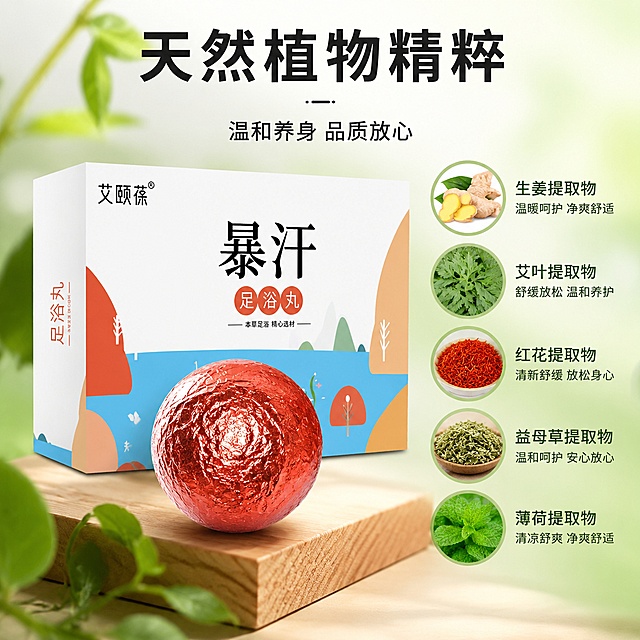 [主图-3] 暴汗足浴丸成分细节展示图，突出植物精粹天然安全，商业摄影质感、光线柔和通透、产品清晰真实、画面干净高级。特写展示一颗足浴丸，放在产品包装前侧，保持足浴丸颜色包装纹理和原图保持绝对一致。背景浅绿渐变，突出天然植物主题。画面左侧特写足浴丸，右侧展示核心植物成分示意图，每种成分配精简说明：天然草本 温和不刺激。主光打在足浴丸表面，突出纹理质感，背景柔和虚化，突出主体。主色调浅绿搭配原木色，清新自然，突出天然成分。中心构图，主体突出，细节清晰。顶部大字天然植物精粹，黑色粗体醒目，底部小字温和养身 品质放心。1:1比例，文字清晰可辨，超高清商业摄影质感。禁止内容：变形，文字错乱，产品图模糊，背景杂乱，水印，电商平台Logo