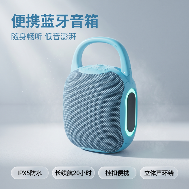 [主图-1] 便携式蓝牙音箱首图
[氛围风格] 简约科技数码产品风；
[画质] 商业摄影质感、光线柔和通透、产品清晰真实、画面干净高级，C4D Octane物理级超写实渲染。
[元素] 浅蓝色便携式蓝预览效果