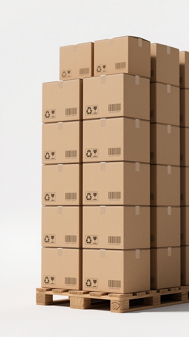 3D渲染风格，多排堆叠的棕色瓦楞纸箱，每个纸箱侧面印有回收标志和条形码标签，底部放置木质托盘，整体呈现精准的几何排列感，正面视角，明亮均匀的白色背景，高清晰度，写实的材质表现，纸箱边缘锐利，光影过渡自然，无文字信息，保持仓储物流主题的工业感与秩序感。
