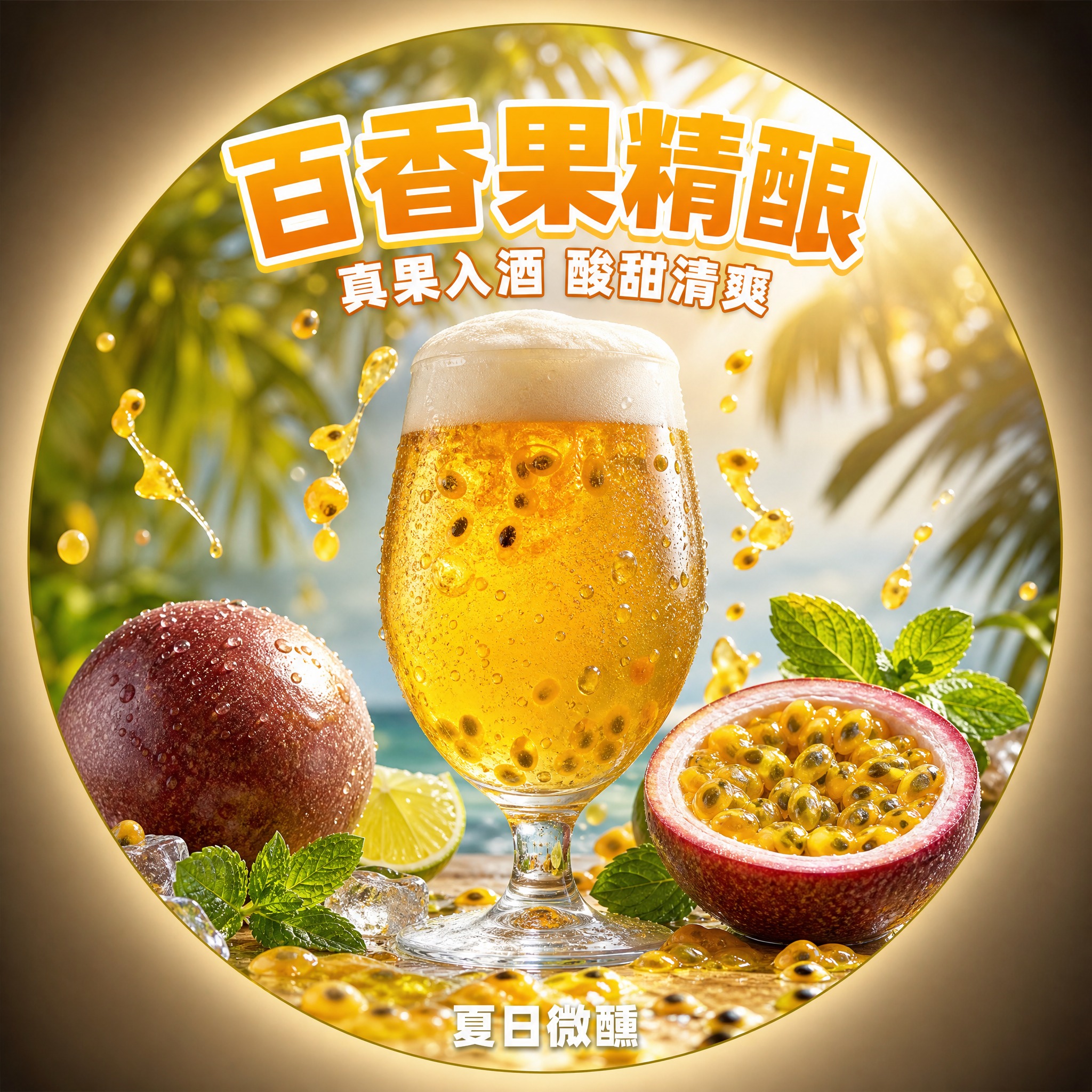 百香果精酿啤酒圆形宣传图，适配鱼眼灯打印，1:1正方形画布，主… - 图片创意预览