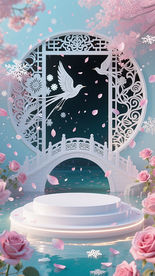 五彩斑斓的白色圆形展台，展台后面有鹊桥，玫瑰花瓣雨，整个背景是剪纸艺术窗花