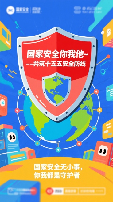 国家安全主题预热宣传海报，主题文字为“国家安全你我他——共筑十五五安全防线”，红蓝主色调，中心是盾牌守护地球，周围点缀网络节点元素，扁平化设计风格，动态插画风格，配文字“国家安全无小事，你我都是守护者预览效果