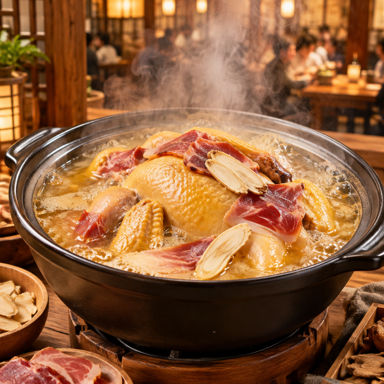 高清美食摄影：养生餐厅中的天麻火腿鸡，砂锅中金黄鸡汤微微沸腾冒… - 图片创意预览