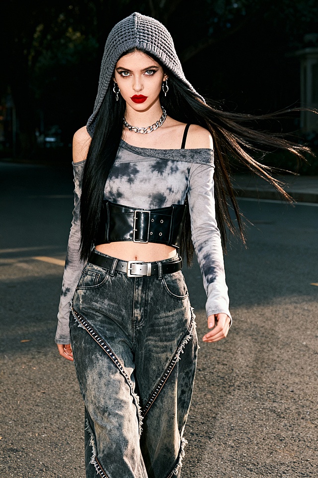 一位超高颜值的暗黑赛博风欧美女生，黑长直发自然垂落，佩戴同色系针织连帽头巾，妆容精致冷艳，红唇亮眼，搭配银色金属颈链与耳饰。动作是随性迈步的动态站姿，发丝与衣摆随动作轻扬。穿搭为浅灰色渐变露肩长袖短款上衣，外搭黑色皮质宽腰封，下身搭配同色系做旧水洗阔腿牛仔裤，裤身有斜向毛边与缝线设计，腰间系一条银色金属扣皮带。背景是户外街头，暗黑赛博风，整体风格酷飒前卫，实拍质感，保留服装的扎染纹理与牛仔的做旧细节，高清细节，焦点清晰，网感妆，自然光线，暖调滤镜，少女感网拍，概念风美学，情绪氛围感，聚焦眼睛，慵懒氛围感，独特韵味的美，耳饰，吊带，远景镜头 看镜头