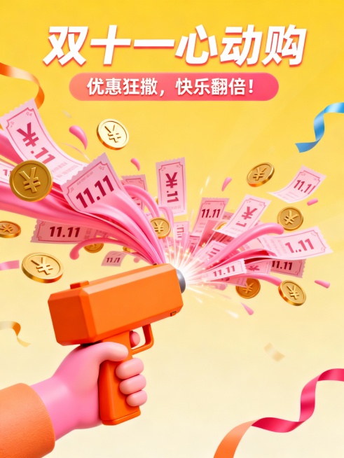 3D渲染，C4D风格，一只粉嫩的卡通手臂握着一把亮橙色的简约方形发钱枪，枪口正在高速喷射出大量的粉色流线型优惠券和“￥”符号的金色硬币。优惠券上印有“11.11”的字样。背景黄色渐变色，高饱和度，治愈预览效果