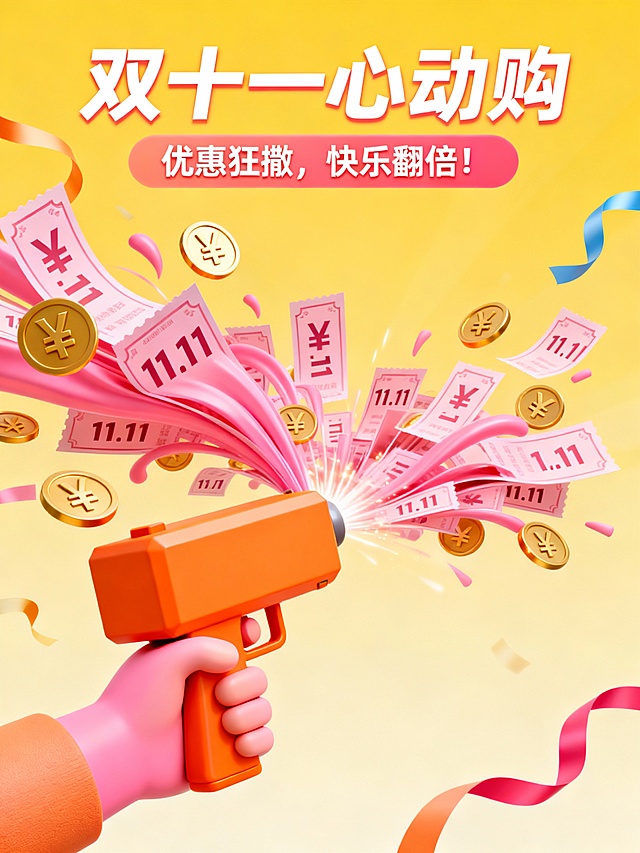 软3D风格搭配卡通感手枪喷射优惠券与金币，结合粒子飞溅效果，营造喜庆促销氛围，传递双十一狂欢购物的快乐体验。