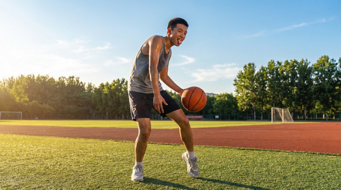 将线稿完善为摄影写实风格，人物为中国高中生，在室外开阔的操场，初夏下午5点，男生吐舌头，人物保持原有的动作姿态和角度不变，阳光照亮了男生左半边身体预览效果
