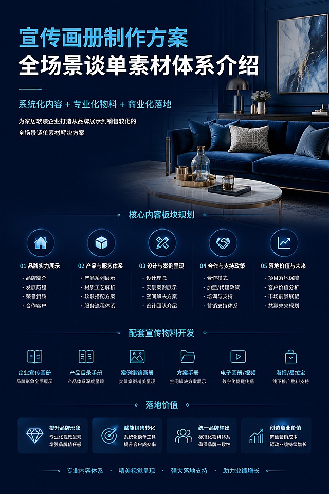 品宣传画册制作方案（全场景谈单素材体系）
制作定位：适配工厂招商、门店谈单、客户选材、线上推广，支持纸质+电子双形态传播，统一品牌宣传形象，标准化输出产品价值。
画册核心内容板块规划
涵盖品牌产品体系概述、全风格套系展示、八大生活场景案例、材质工艺标准、分级产品配置与报价、落地案例与售后保障、常见问题答疑七大核心板块。
配套宣传物料开发
配套输出高清场景图、工艺细节图、花色样卡、推广图文、短视频、招商文案，全覆盖线上引流、线下谈单、招商拓客场景。
画册落地价值
统一终端谈单素材，降低宣传设计成本，标准化输出产品卖点，大幅提升成交效率与品牌专业度。
参考文字内容，生成一套宣传画册。画册版面时尚、大气；画册的背景、插图均采用现代风格的家居、软装或空间设计元素。
画册规格：W20cm×H30cm；
版面色调：宝蓝色；文字颜色：天蓝色和白色
画册页数：1P