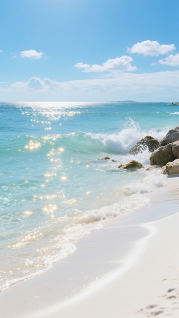 清澈透明的海水环绕着光滑的白色沙滩，阳光洒在海面上闪烁着金色的光芒，远处是蔚蓝的天空和几朵悠闲的白云，海浪轻轻拍打着岸边的礁石，溅起晶莹的水花，整体呈现出明亮、清新、宁静的夏日海洋氛围，具有高清晰度的写实质感和柔和的光影效果。预览效果