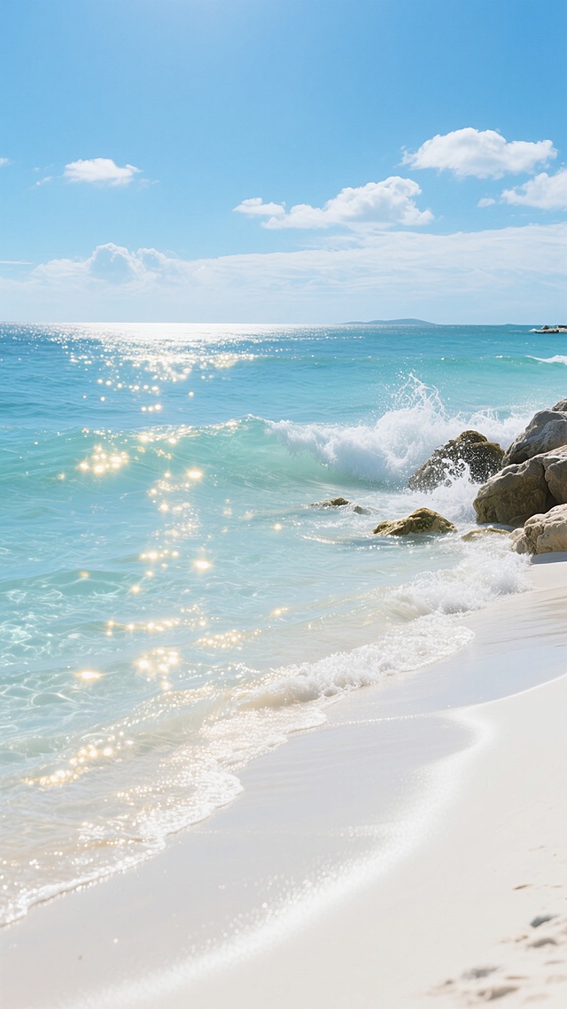 清澈透明的海水环绕着光滑的白色沙滩，阳光洒在海面上闪烁着金色的光芒，远处是蔚蓝的天空和几朵悠闲的白云，海浪轻轻拍打着岸边的礁石，溅起晶莹的水花，整体呈现出明亮、清新、宁静的夏日海洋氛围，具有高清晰度的写实质感和柔和的光影效果。