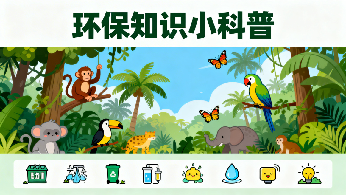 生态环境保护科普横屏封面，画面包含野生动物、茂盛的热带雨林，配有垃圾分类、节水节电的科普小图标，标题为"环保知识小科普"，风格简约卡通，色彩明快活泼，适合面向大众的科普宣传，清晰传递环保科普主题预览效果
