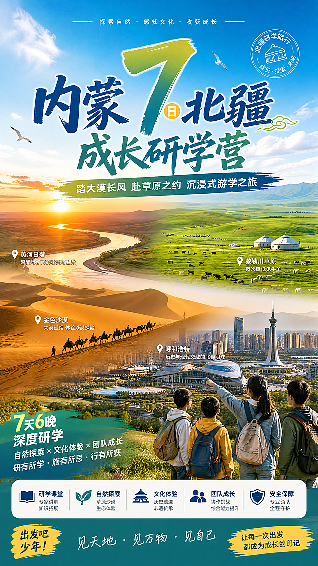 内蒙7日北疆成长研学营宣传海报，主标题“内蒙 7 日北疆成长研学营”，副标题“踏大漠长风 赴草原之约 沉浸式游学之旅”，展示了黄河日落、沙漠、敕勒川草原、呼和浩特城市风光，画面开阔大气，充满研学旅行青春成长的氛围，整体风格明亮清新，适合青少年游学宣传