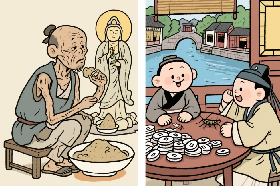 极具讽刺意味的漫画风格。左边是骨瘦如柴的陕西饥民在吃观音土，右边是南京秦淮河畔的士大夫在斗蟋蟀，桌上堆满了银两。预览效果