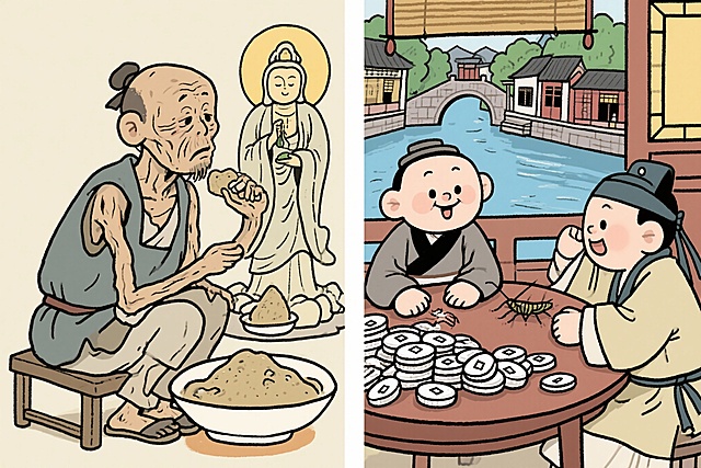 极具讽刺意味的漫画风格。左边是骨瘦如柴的陕西饥民在吃观音土，右边是南京秦淮河畔的士大夫在斗蟋蟀，桌上堆满了银两。