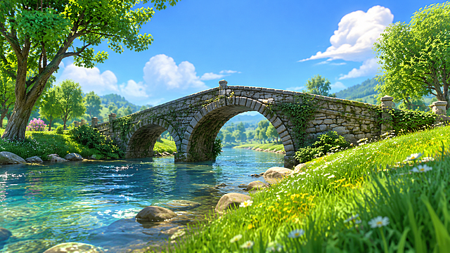皮克斯3D动画风格，阳光明媚的乡村河边场景，青石板古老石拱桥横跨河面，河水清澈波光粼粼，两岸绿树青草茂盛，蓝天白云晴空万里，春日自然风光，电影级明亮通透的顶光+柔和侧逆光，色彩鲜艳饱和，全景大远景，8K，治愈清新画风，无多余人物，纯场景构图，背景虚化突出石桥主体，卡通写实质感，皮克斯建模质感