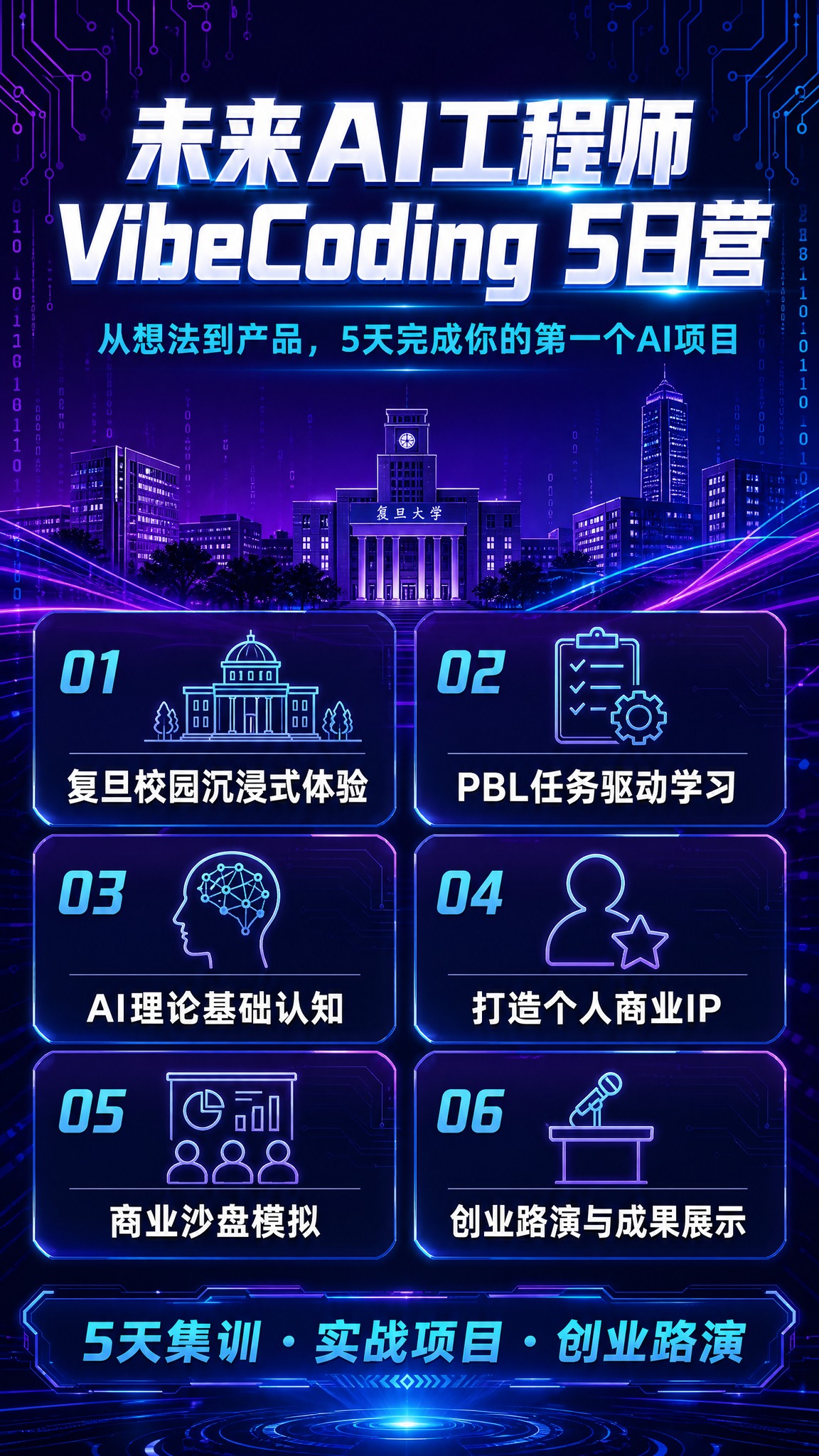 一张竖版AI训练营招生海报，科技感设计风格。 深紫到深蓝渐变背… - 图片创意预览