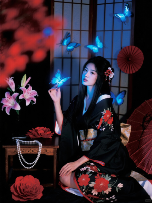 身着黑红主色调繁花日式和服，黑色长直发，发间装饰花朵；侧身坐，一只手肘搭在小型木桌上，拿着一只蓝色发光蝴蝶，另一只手自然放在腿上；日式屏风的场景，周围有蓝色发光蝴蝶装饰、粉色百合花、珍珠项链、红色纸花预览效果