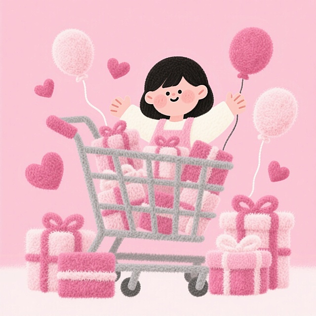 女孩坐在堆满礼物的购物车中（双手张开，周围环绕礼盒、气球、爱心等元素），粉色背景