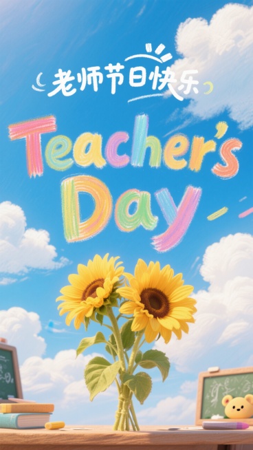 大大的彩色文字“Teachers' Day”，细腻的彩铅风格，背景是蜡笔画的蓝天白云，装修一些可爱的教学素材  一束向日葵，顶部手写字体 英文 “老师节日快乐”预览效果
