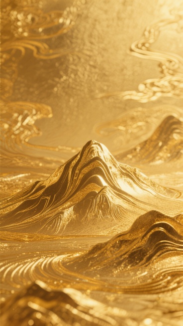 具有浓厚国风奢华感的金色背景，整体呈现出类似金箔或鎏金的质感，表面有自然且细腻的纹理，光泽柔和而富有层次，金色主色调中带有细微的深浅变化，融入金山元素，金山以抽象的线条和轮廓展现，与金色背景自然融合，整体画面彰显出高贵典雅的国风韵味和奢华大气的视觉效果。预览效果