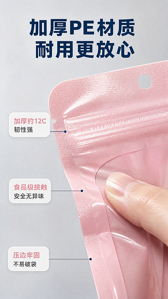 [商品] 使用【图1】粉色通用内衣包装袋局部特写；保留PE材质纹理、拉链齿细节、袋边压合工艺、颜色；放大材质细节，增强纹理质感与厚度表现，不改变材质属性。
[画面] 第7张·材质细节页，目标展示加厚PE材质的韧性与质感。微距特写构图，袋身材质与拉链部位为视觉中心，占画面约65%；一只手指轻按袋身展示韧性（仅手部局部，有明确动作目标）；背景为虚化的浅灰渐变；阅读动线从中心材质向四周信息点扩散。
[视觉] 套系策略：风格=简约现代工业风商业摄影；标题字=粗黑体；正文字=常规黑体；主色=藏青蓝；背景延展=基于藏青蓝做虚化浅灰背景，突出前景材质；强调色=柔粉色，仅用于材质数据标签；标题色=藏青蓝；正文色=深灰；组件=悬浮数据浮窗、细线引线、圆角标签；光影=侧光突出材质纹理与厚度，形成细腻明暗层次。
[文字] 顶部主标题"加厚PE材质 耐用更放心"，三个信息浮窗："加厚约12C 韧性强"、"食品级接触 安全无异味"、"压边牢固 不易破袋"，文字全部横向排版，不遮挡材质核心展示区。
[规格] 图片比例9:16竖版，4K，避免变形、错字、文字过小、材质失真、虚构医疗级表述。