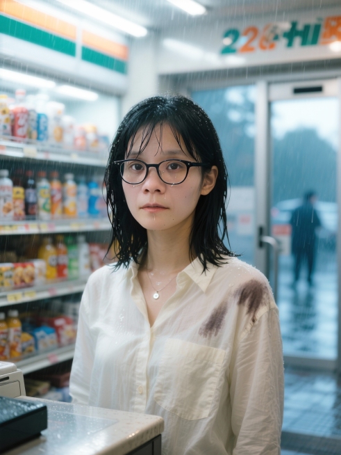 场景创意：深夜便利店 · 雨夜独醒
镜头从湿漉漉的柏油路面缓缓上摇，雨水在霓虹灯下碎成无数银斑，反射出便利店招牌“24H”猩红而疲惫的光。雨声密集却沉闷，像城市低语的叹息。镜头穿过被水汽模糊的玻璃门，预览效果