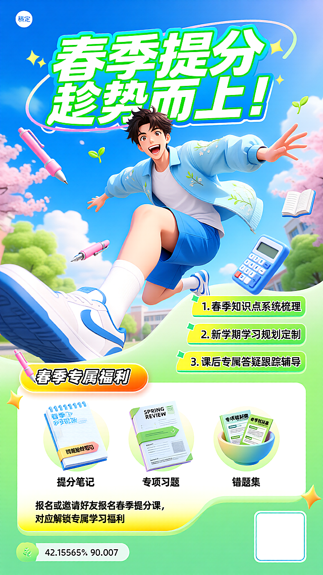 [海报主题] 春季提分课程宣传海报[氛围 / 风格] 日系动漫活力风 + 大透视夸张感 + 青春励志风格[画面元素] 主体是 1 位年轻男性，以超强近大远小透视呈现（上半身放大、下半身收窄的夸张透视效果），表情兴奋大笑，双腿弯曲呈跳跃姿态，身穿白色内搭 + 浅蓝带春芽刺绣宽松外套 + 蓝色短裤 + 白色长袜 + 白蓝拼色运动鞋，景别为半身；背景是春季校园局部，有嫩绿树木、粉色樱花枝、蓝天白云；周围环绕缩小版粉色卡通钢笔、白色 3D 书本、蓝白卡通计算器、嫩绿春芽装饰等学习元素，零散分布在人物周围；画面人物右侧及下方为拓展文案区，设置黄绿渐变圆角文本框；下半区保留圆角绿白边框的课程福利展示区，内有 3 款缩小版 3D 质感福利：带标注的春季提分笔记、印着 “SPRING REVIEW” 的专项习题册、装在渐变碗里的春季错题集；画面右下角预留方形二维码空白占位区，左下角预留浅灰圆角矩形的联系方式空白占位区；左上角是 “稿定” logo，文字区有黄色星星装饰[配色色系] 主色调：嫩绿色、亮蓝色，辅助色：白色、嫩粉色、黄色[视角构图] 超强近大远小透视 + 平视基底[文字设计] 顶部大标题：“春季提分 趁势而上！”，大字号白绿加粗艺术字体，搭配粉蓝渐变边框，居中上下排版在人物正上方；标题下方右侧文案区：“1. 春季知识点系统梳理”“2. 新学期学习规划定制”“3. 课后专属答疑跟踪辅导”，黑色无衬线字体，嵌入黄绿渐变文本框；福利区标题：“春季专属福利”，白绿加粗字体，橙黄渐变标题框；福利下方文字：“提分笔记”“专项习题”“错题集”，黑色加粗无衬线字体；底部文字：“报名或邀请好友报名春季提分课，对应解锁专属学习福利”，黑色小字号无衬线字体，黄绿渐变底框[版式排版] 顶部为居中大标题，标题正下方为大透视缩小版人物主体（占画面 30% 空间），人物右侧及下方为拓展文案区（占 40% 空间），文案区下方为课程福利展示区（占 20% 空间）；右下角二维码占位区、左下角联系方式占位区各占 5% 空间，标题与人物严格上下结构，大透视人物视觉突出但占比可控，文案空间充足
