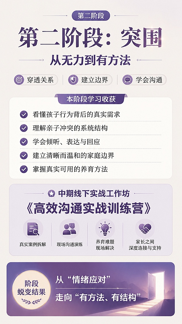 [第6屏] 点亮孩子·三个月父母深度蜕变营第二阶段「突围」解析页。本屏参考【图1】的风格设计。
[氛围/风格] 专业通透，清晰有力量，和整体课程设计保持一致
[元素布局] 顶部标题和关键词，主体分点列出学习收获，中部标注中期线下实战工作坊信息，底部展示阶段蜕变结果，分区清晰，留白舒适
[光影质感] 背景柔和，分区用浅紫色块区分工作坊信息，整体光影均匀清晰
[配色色系] 全局底色 #F3EFEA，工作坊区域浅紫底，文字深紫，和整体配色统一
[文字版式] 主标题「第二阶段：突围」，副标题「从无力到有方法」，关键词「穿透关系｜建立边界｜学会沟通」，收获内容：看懂孩子行为背后的真实需求；理解亲子冲突的系统结构；学会倾听、表达与回应；建立清晰而温和的家庭边界；掌握真实可用的养育方法。中部区块标注：⭐中期线下实战工作坊《高效沟通实战训练营》，包含真实案例拆解、现场沟通演练、养育难题现场解决、家长之间深度连接与支持。底部结果：从“情绪应对”走向“有方法、有结构”。文字层级分明，工作坊信息突出展示
[比例分辨率] 9:16 竖版比例，2K分辨率，文字清晰可辨，高清画质
[负向提示词] 区块重叠，文字错乱，文字过小，变形，水印，颜色偏差