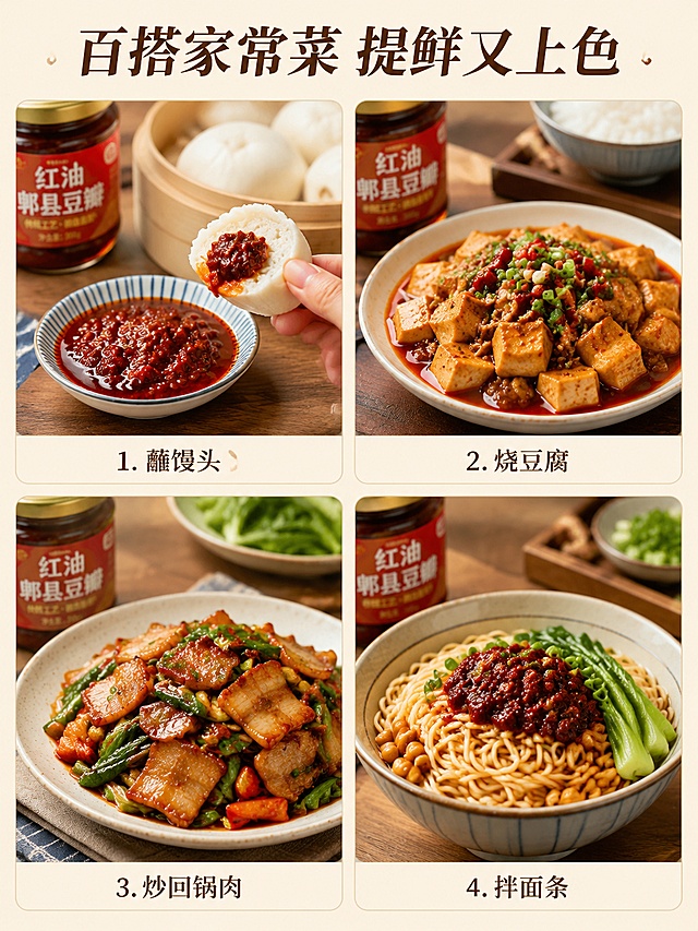 [第5屏] 日常搭配场景展示，豆瓣酱多吃法种草。
[氛围/风格] 家常烟火气，真实餐桌场景，温馨治愈感。
[元素布局] 2×2圆角拼图布局，四个格子分别展示四种吃法：1、蘸馒头；2、烧豆腐；3、炒回锅肉；4、拌面条。每张小图都包含豆瓣酱搭配成品，左上角露出豆瓣酱瓶身一角。四种搭配场景清晰区分，整体和谐统一。
[光影质感] 居家自然光，每张图都明亮清晰，食物颜色真实诱人。
[配色色系] 全局底色 #FAF3E0；主色食物本身丰富色彩；边框浅米色。
[视角构图] 每个场景都是平视日常视角，拼图整齐有序，阅读动线清晰。
[文字版式] 顶部主标题「百搭家常菜 提鲜又上色」，每个小图下方标注吃法名称，字体风格全程统一，文字清晰不遮挡食物主体。
[比例分辨率] 3:4 竖版比例，4K分辨率，文字清晰可辨，高清画质。
[负向提示词] 食物变质，构图歪斜，文字重叠，水印。
