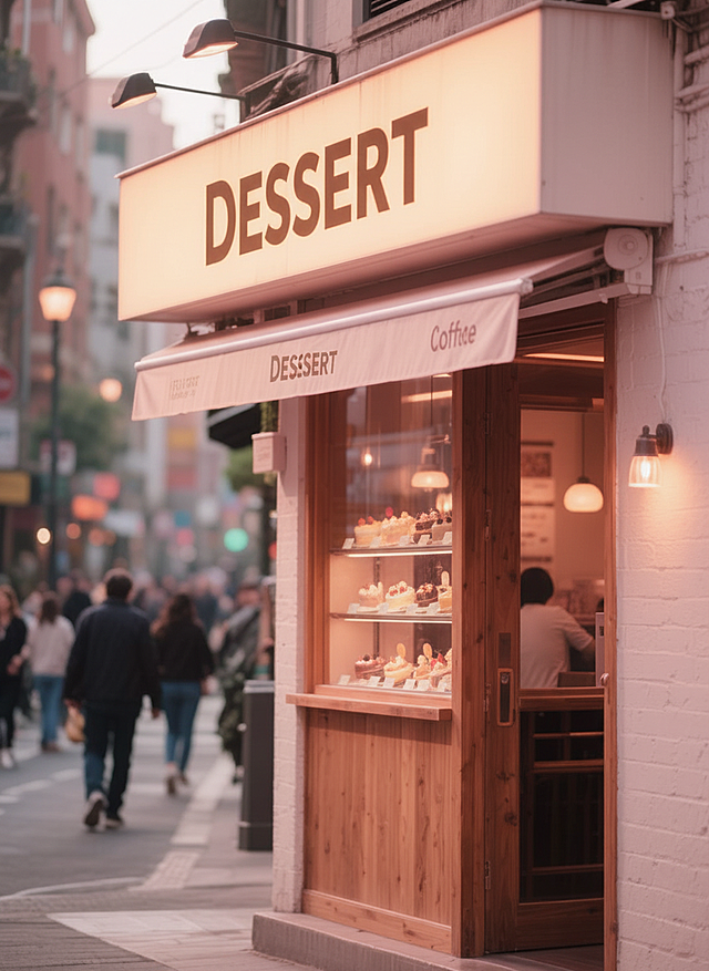 为图片更换装修，换成甜品店，名字改成“DESSERT”，根据不同店铺的商业属性匹配店铺名称和梦幻粉色调、风格。