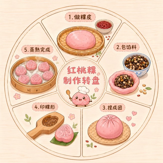 手抄报插画模板，双层同心圆5等分环形转盘，内圈小圆、外圈圆环均匀分成5个扇形格子，柔和纤细轮廓线，整体采用治愈水彩手绘风格，浅原木木纹背景，暖米底色+温柔马卡龙粉为主色调，配色完全匹配参考图红桃粿插画预览效果