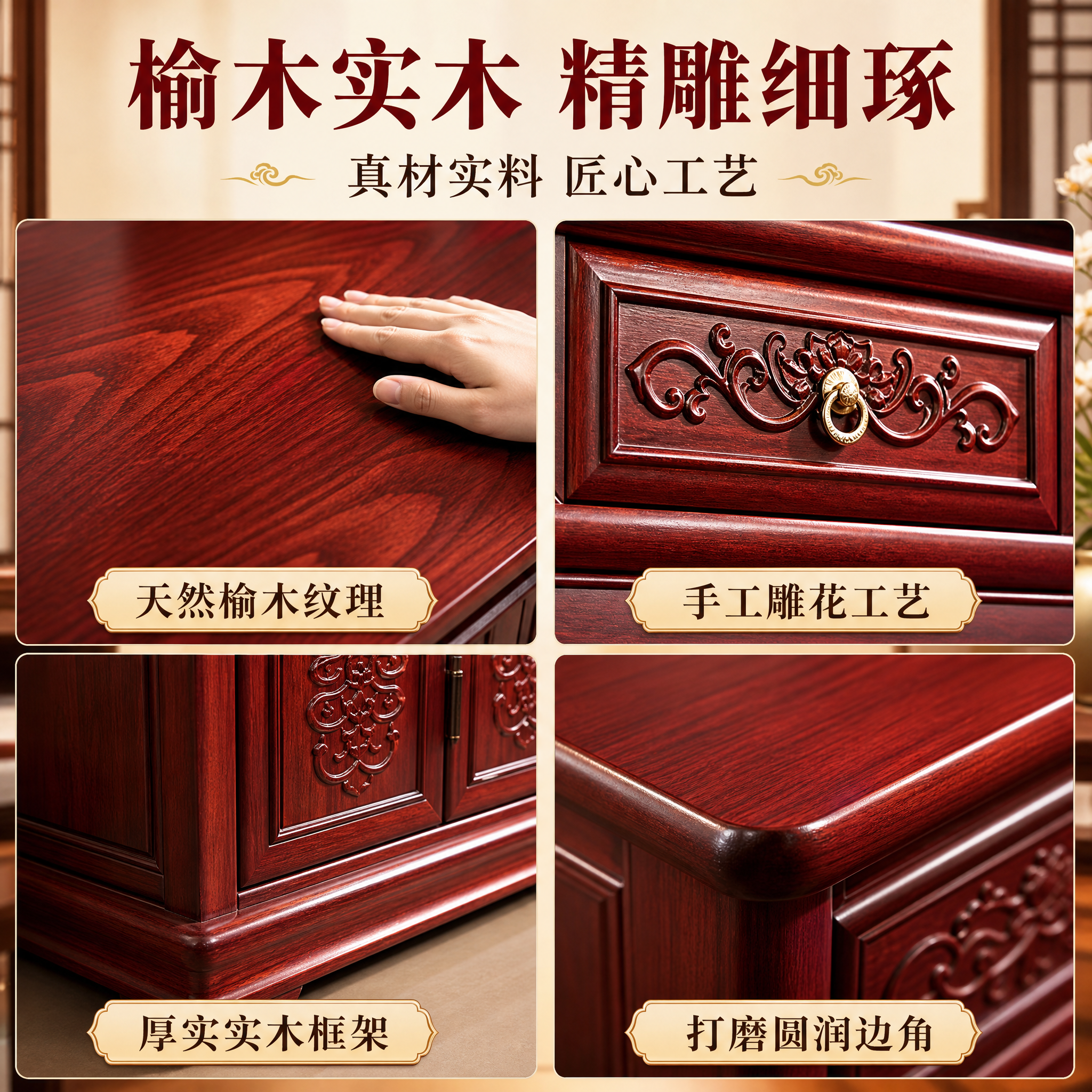 [主图-3] 新中式榆木供桌材质与雕花工艺细节主图，突出实木质… - 图片创意预览