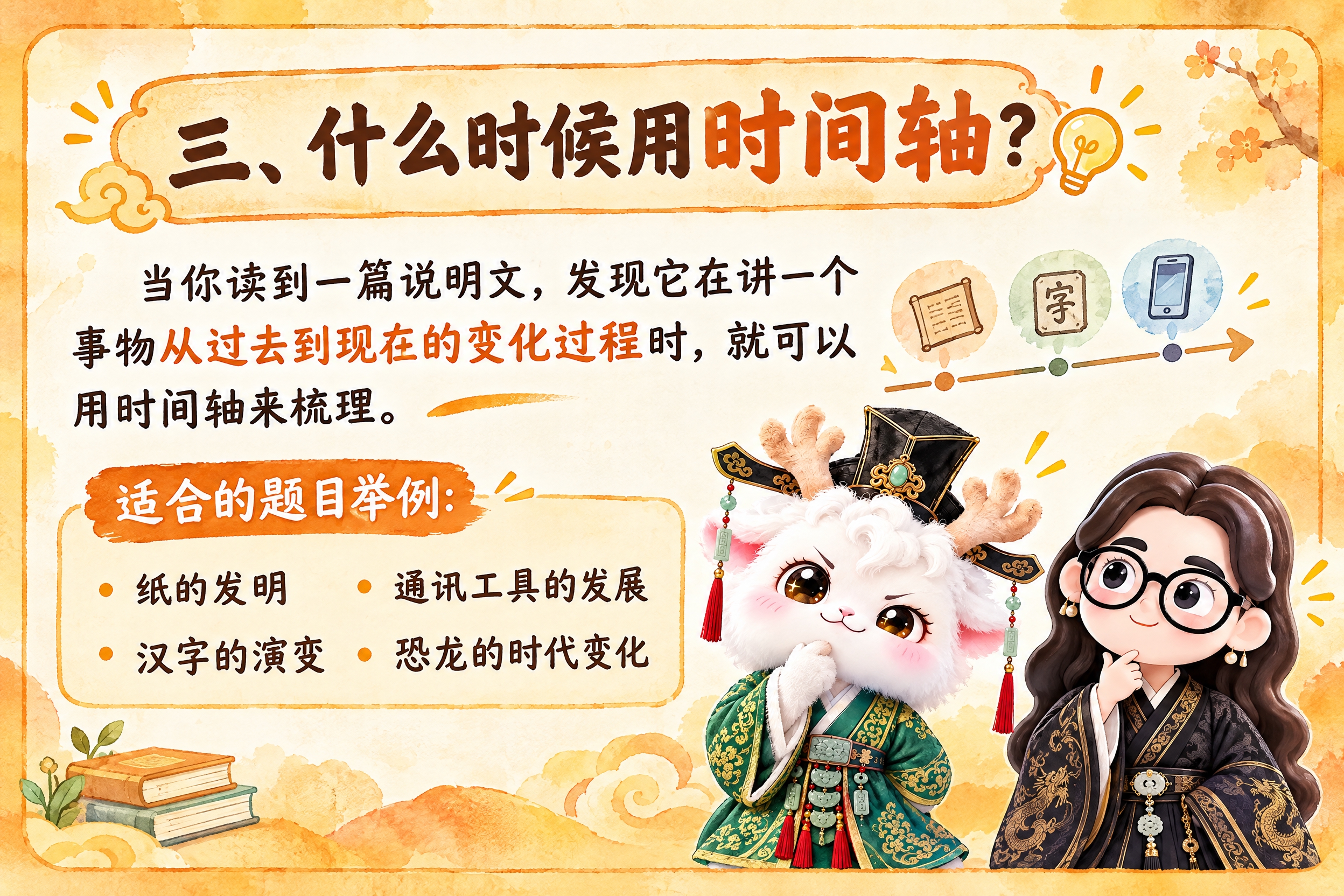 横版6寸比例的知识卡片设计，标题为"三、什么时候用时间轴？"，… - 图片创意预览