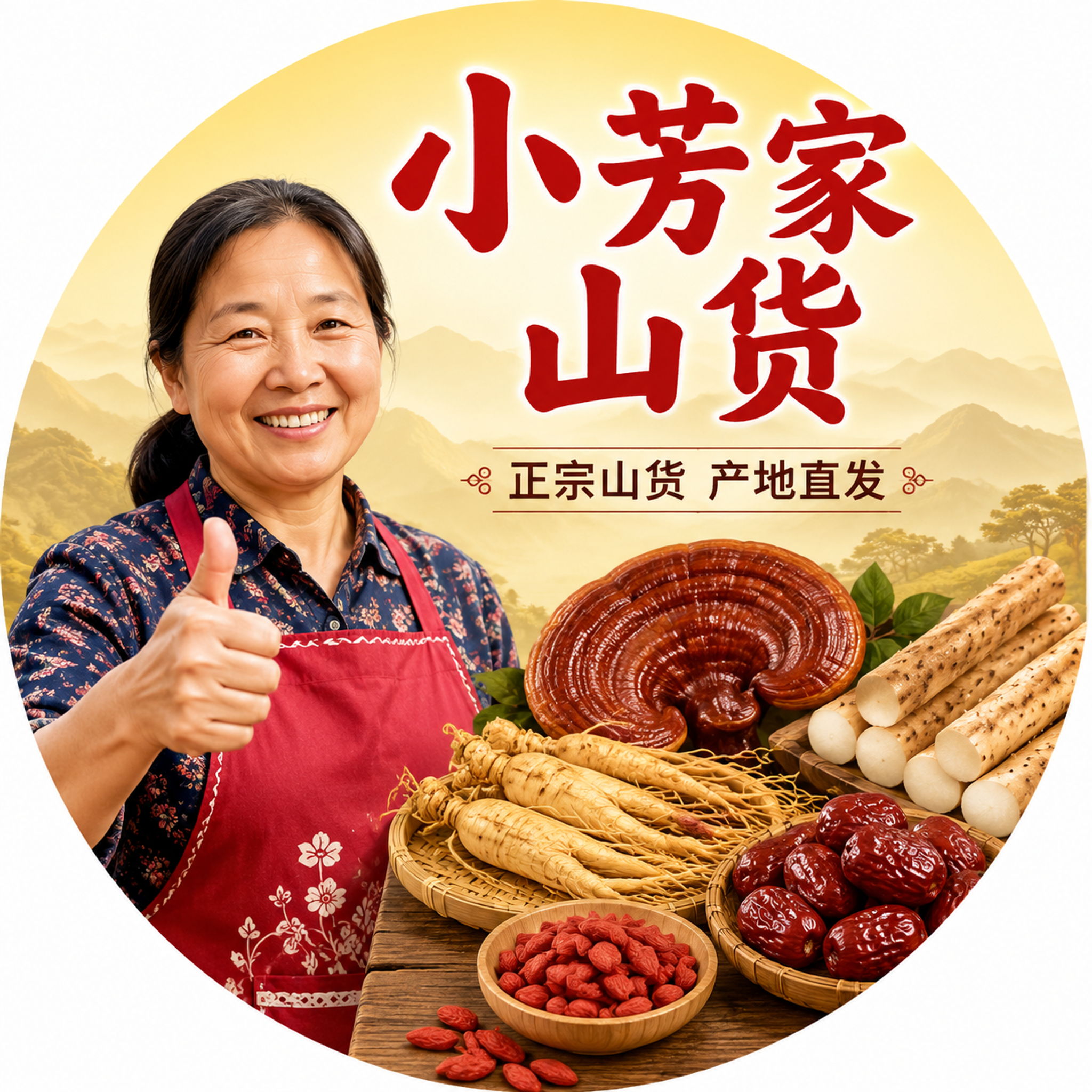 视频号头像设计，圆形构图，'小芳家山货'账号。画面左侧是一位和… - 图片创意预览